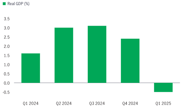 This bar chart shows the U.S. real GDP from the first quarter of 2024 to the first quarter of 2025. In the first quarter of 2025, real GDP declined by 0.5.