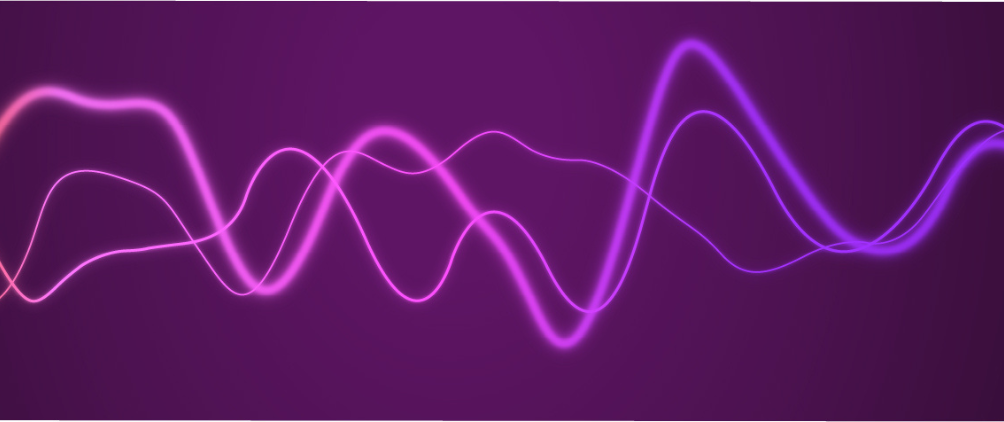 Abstract neon waveforms in orange, pink, and purple on a dark purple background, resembling sound or light waves.