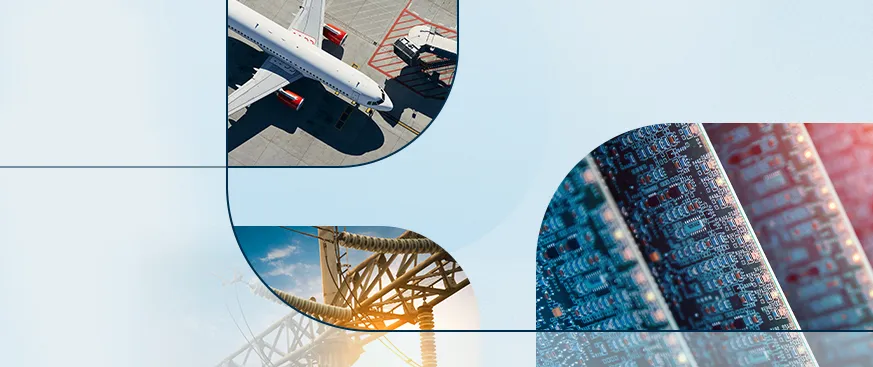 Abstract collage featuring an airplane at an airport gate, an electricity transmission tower with power lines, and a close-up of computer circuit boards, arranged within curved shapes on a light blue background.