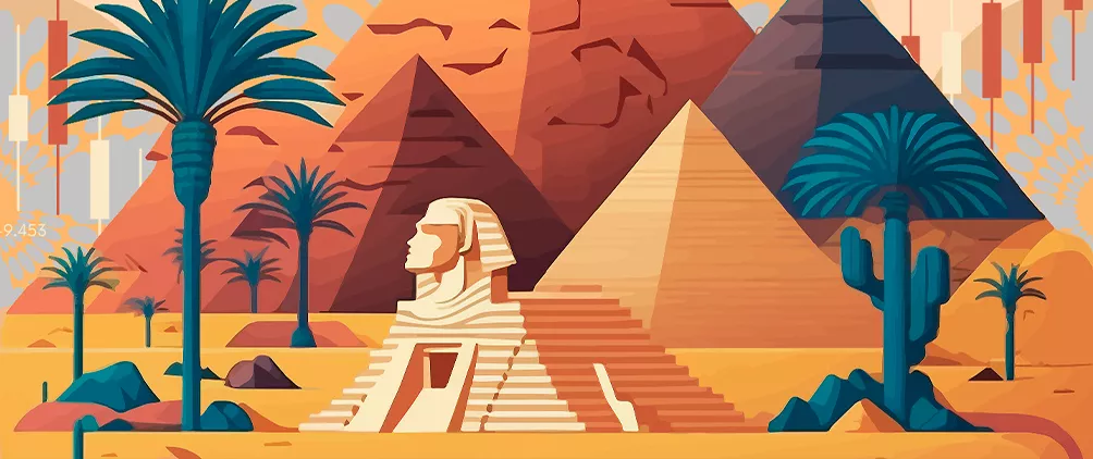 Illustration of Egyptian pyramids with market chart graphics representing Aberdeen Investments’ outlook on frontier bond investing and emerging market debt.
