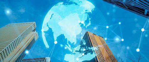 Global digital network overlaying city buildings representing emerging markets debt, AI investment trends and portfolio diversification.